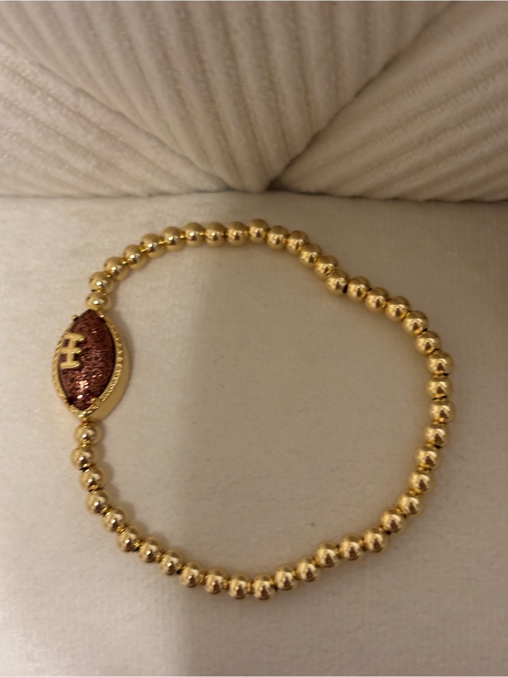 Gold Beaded Football Charm Bracelet with Burgundy Glitter Accent